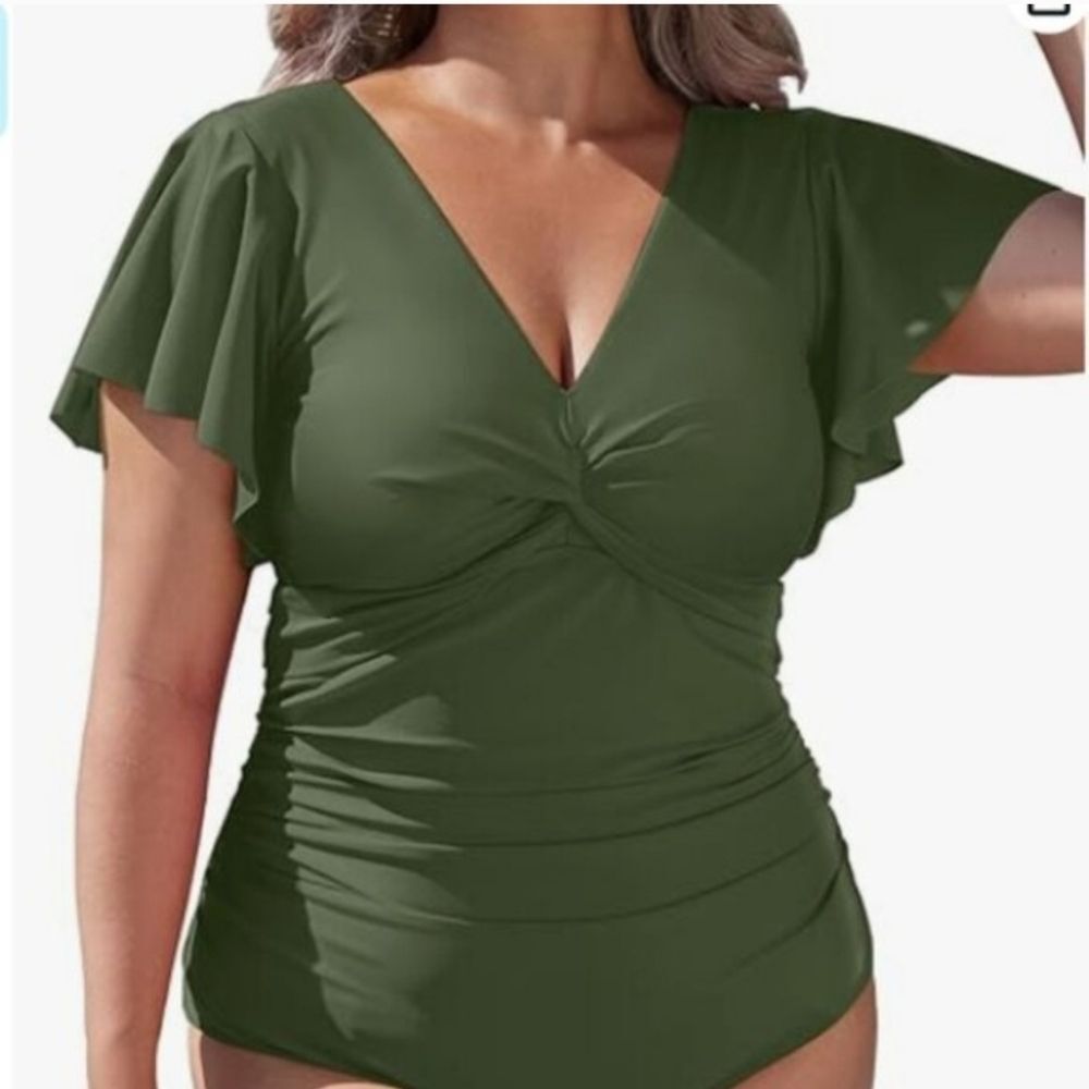 Aqua Eve Green Flutter Sleeve Swimsuit beach vacation resort size 18w NWT